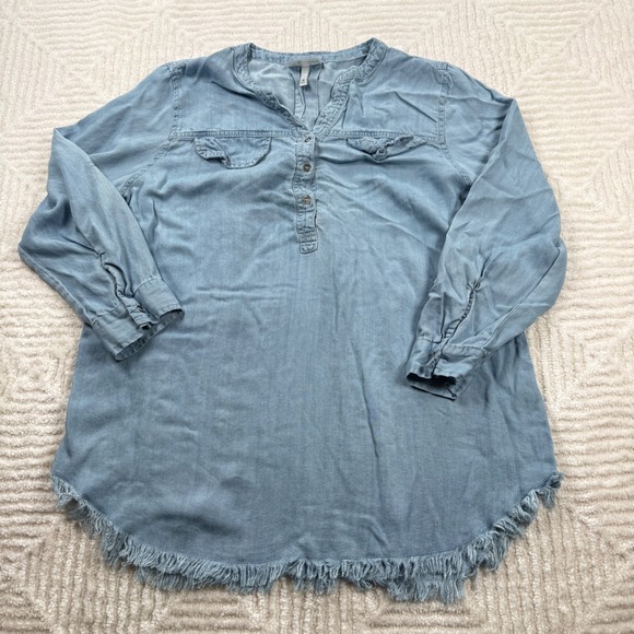 Hester & Orchard Tops - Hester Orchard Shirt Women's Medium Denim Tencel Tunic Frayed Hem Rodeo Cowgirl